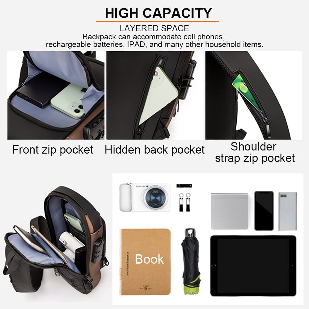 Dwenles Anti theft Crossbody Sling Bag,Waterproof Chest Daypack with USB Charging, Shoulder Backpack for Men Women (Black) - Image 3